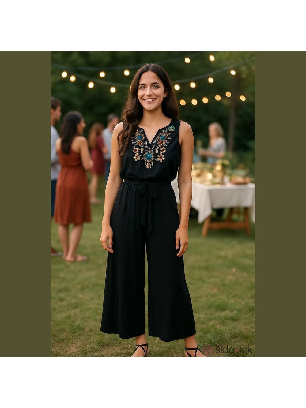 Design History Embroidered Stretch Jumpsuit MED Black Wide Leg Waist Tie Boho